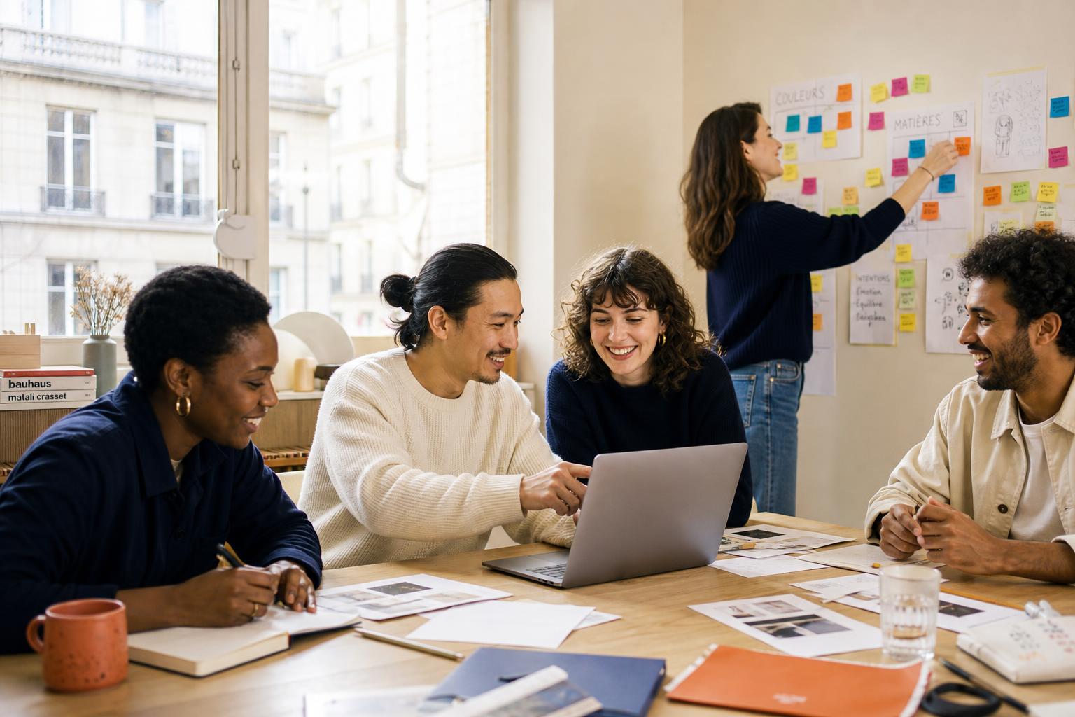Atelier Serendyme — designers en co-création autour d'une table, post-its et laptop